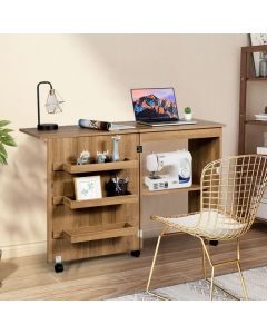 Folding Sewing Table with Storage Shelves and Lockable Casters