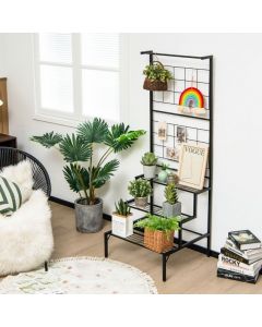 3-Tier Freestanding Plant Stand with Trellis and Hanging Rod