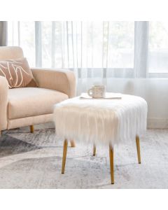 Furry Faux Fur Footstool with Golden Metal Legs