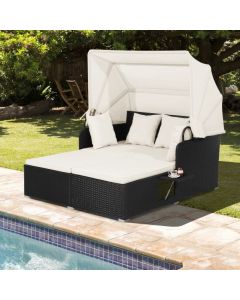 Garden Rattan Daybed with Retractable Canopy and Cushions