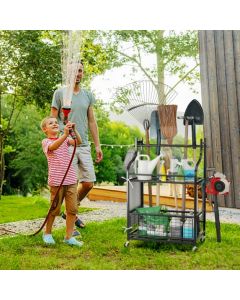 3-Tier Garden Tool Tower with Lockable Wheels Hooks and Side Pocket