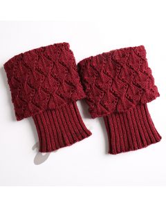 Girls Short Leg Warmers Crochet Cuffs Ankle Toppers Knitted Trim Boot Socks - Wine Red