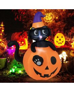5 Feet Halloween Inflatable Decoration Black Cat with Wizard Hat Sitting in Pumpkin