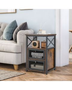 Industrial Bedside Nightstand with 2 Flip Drawers and Open Shelf