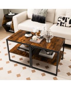 Set of 2 Industrial End Tables with 2-Tier Storage Shelf