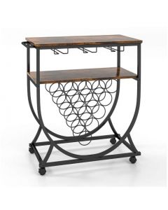 Industrial Rolling Bar Cart with Wine Rack Glass Holders and Utility Wood Tabletop
