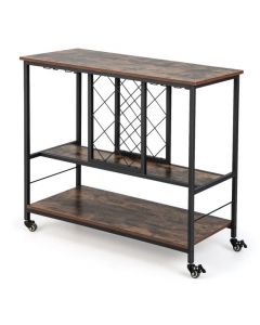 3-Tier Industrial Rolling Bar Cart with Wine Rack and Glass Holder