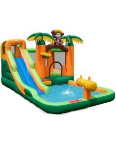 6-in-1 Monkey Themed Inflatable Water Slide Park with Slide and Splash Pool without Blower