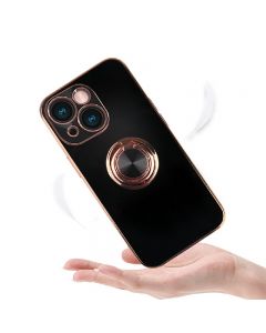 Plating Shockproof Phone Case Cover with Ring Holder for iPhone 13 - Black