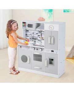 Kid Wooden Play Kitchen Set with Realistic Microwave and Sounds