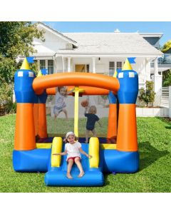 Kids Cute Castle Jumping Bouncer with Basketball Rim and Slide