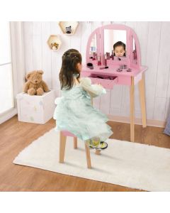 Kids Dressing Table and Stool Set Tri-Folding Mirror and Drawer