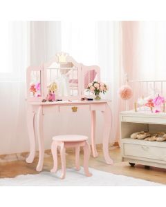 Kids Dressing Table and Stool Set with Tri-fold Mirror and Drawer