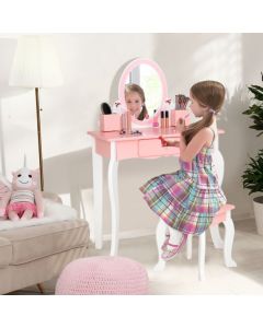 Kids Dressing Table and Stool Set with Mirror for Toddlers