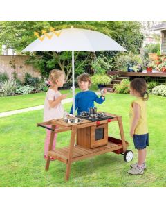 Wooden Kids Play Trolley with Umbrella and Storage Cabinet White
