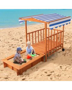 Kids Retractable Sandbox with Canopy Rear Wheels and Guardrails