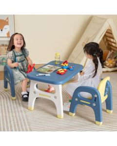 Kids Table and 2 Chairs Set with Storage Shelf and Building Blocks