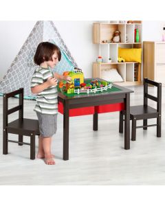 Kids Table and Chairs Set with Building Block Tabletop and Drawers