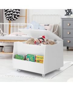 Mobile Wooden Kids Toy Box with Flip-top Lid and Bookshelf