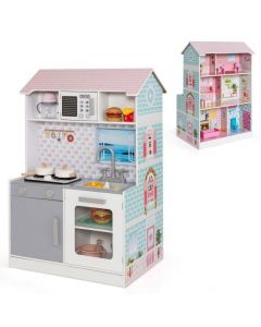 2 in 1 Kids Toy Kitchen and Dollhouse for 3+ Years Old Children