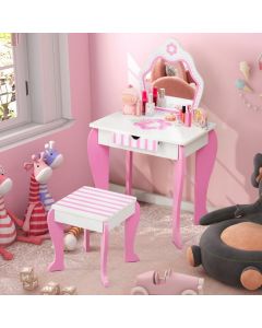Kids Vanity Table and Stool Set with Mirror and Drawer
