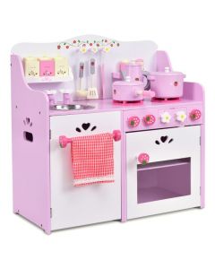 Kids Wooden Kitchen Playset with Oven and 13-Pieces Cookware