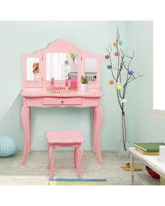 Kids Wooden Vanity Table and Stool Set with Detachable Top Folding Mirrors