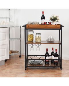 Mobile Kitchen Trolley Cart with Removable Tray and Glass Holder