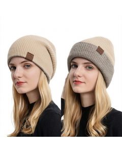 Unisex Winter Knitted Hat Crochet Thermal Beanie Cap Soft Texture Double Sided Warm Knitted Hats - Beige