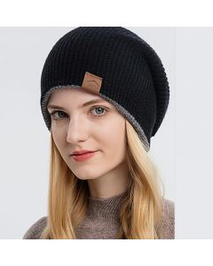 Unisex Winter Knitted Hat Crochet Thermal Beanie Cap Soft Texture Double Sided Warm Knitted Hats - Black