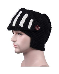 Crochet Knit Roman Knight Helmet Beanie Hat Cap with Face Mask for Halloween Cosplay - Black