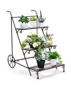 3-Tier Ladder Shaped Metal Plant Stand with Wheels and Handle