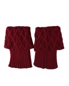 Ladies Short Leg Warmers Crochet Cuffs Ankle Toppers Knitted Trim Boot Socks Prismatic Pattern - Wine Red