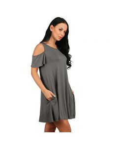 Women Summer Casual Spaghetti Strap Off Shoulder Ruffle Sleeves Shift Loose Mini Dress with Pockets - Grey