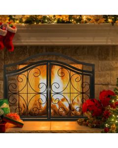 Fireplace Screen with Magnetic Doors for Wood and Coal