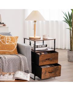 Metal Frame Storage Cabinet with 2 Drawers and Wooden Top