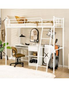 Metal Loft Bed with Integrated Ladder and Full-length Guardrails