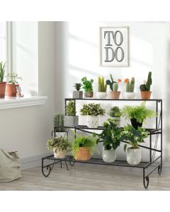 3-Tier Ladder Shaped Mental Plant Stand with Grid Shelf