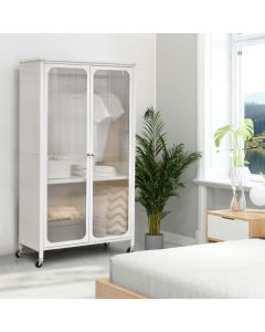 Mobile Metal Wardrobe Armoire Closet with Hanging Rod and Adjustable Shelf