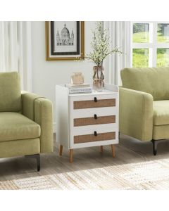 Modern End Table Bedside Table with 3 Rattan Decorated Drawers