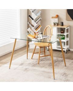 Modern Glass Dining Table with Wood Grain Steel Legs