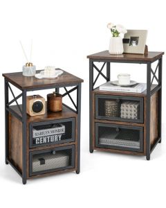 Modern Nightstand Set of 2 with 2 Flip Drawers and Open Shelf