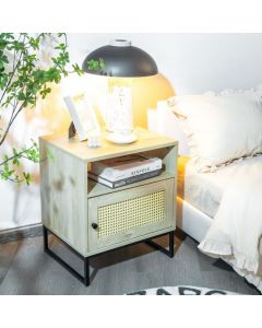 Modern Wooden Bedside Cabinet Nightstand with Rattan Door and Storage Shelf