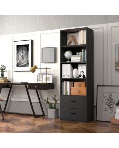 6-Tier Modern Wooden Bookshelf with 4 Open Shelves and 2 Drawers