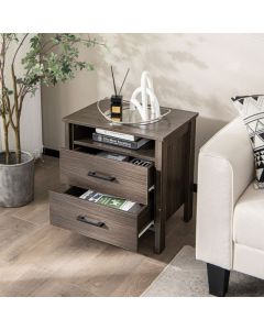 Modern Wooden Nightstand with 2 Drawers and Open Storage Shelf