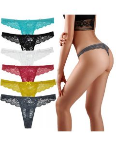 6 pack Lace Thongs for Lady Multicolor Lace Panties G-Strings Breathable Underwear with Bow-Knot - XL