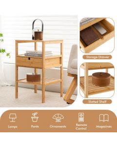 Multipurpose Bamboo Nightstand with Storage Drawer and Slatted Shelf