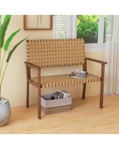Outdoor All Weather Bench with Solid Rubber Wood Frame and Hand Woven PU Leather