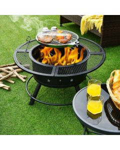 Outdoor Fire Pit with Removable BBQ Grill and Log Grate