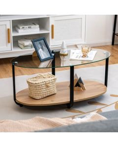 2-Tier Modern Oval Coffee Table with Tempered Glass Tabletop for Home Office